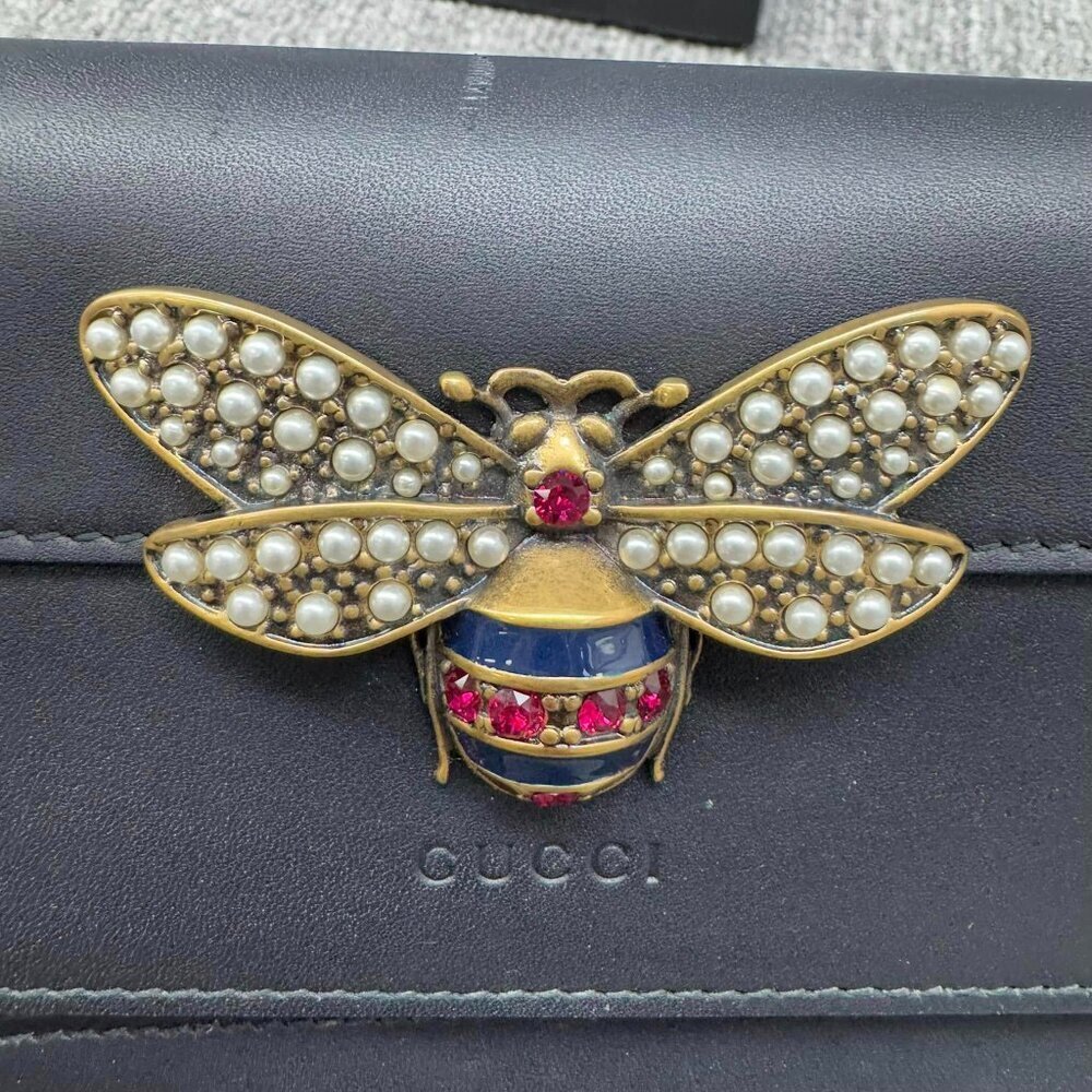 Authentic Gucci Queen Margaret Bee Chain Wallet Black Leather GG Crossbody - Picture 6 of 15